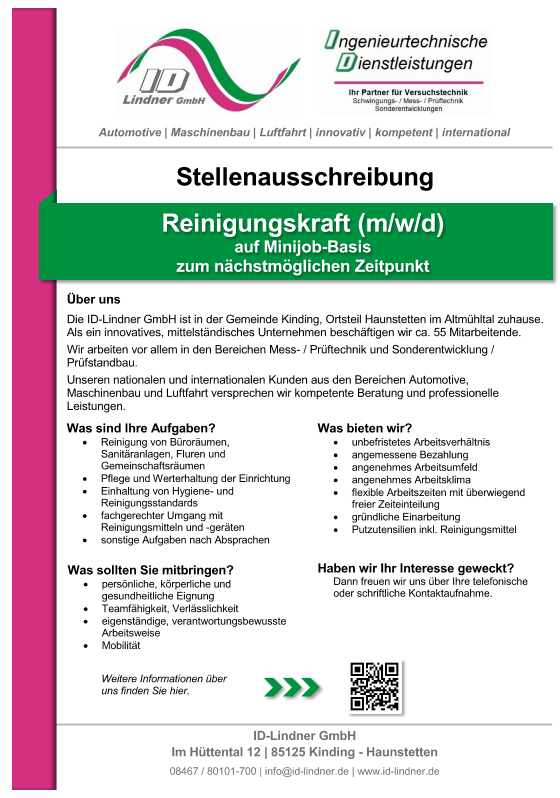 Stellenausschreibung Reinigungskraft ID-Lindner