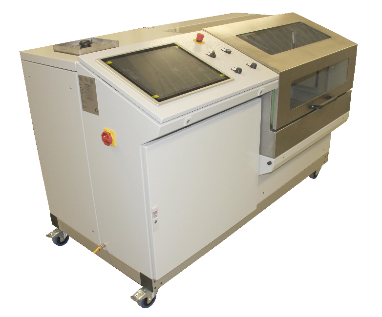 Burst pressure test bench with touch control panel and flanged test chamber with window cover