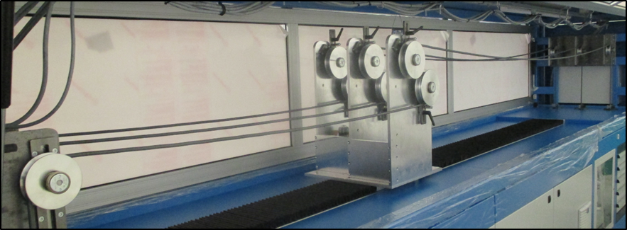 Interior view of the flexural fatigue test bench. The test specimens (cables) are guided over rollers on a movable carriage.