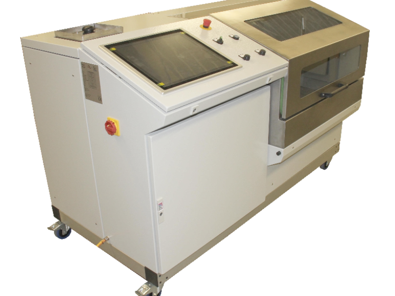 Burst pressure test bench with touch control panel and flanged test chamber with window cover